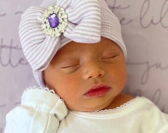 PREEMIE Newborn Hospital Hat, lavender and white stripes with a purple rhinestone center on the bow, baby hat, Lil Miss Sweet Pea Boutique