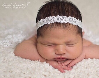 White Headband in White Embroidered Rose Design Trim for a delicate look, perfect for all ages, by Lil Miss Sweet Pea