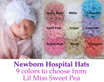 Choice of 9 color flowers on white newborn hospital hat, baby hat, hat with flower, baby flower hat, infant, shower gift, Lil Miss Sweet Pea