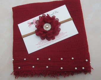 Cranberry pearl swaddle AND/OR matching 3 inch flower headband, pearl wrap, newborn photo, swaddle set Lil Miss Sweet Pea