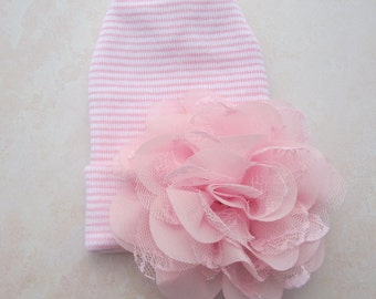 Newborn Hospital Hat, pink and white stripe with 4 inch pink lace and chiffon flower, baby hat, infant, shower gift, Lil Miss Sweet Pea
