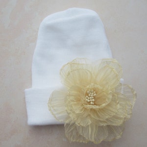 Newborn Hospital Hat, white with 3 inch sheer yellow chiffon flower, baby hat, infant, shower gift, Lil Miss Sweet Pea
