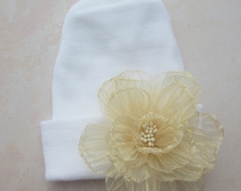 Newborn Hospital Hat, white with 3 inch sheer yellow chiffon flower, baby hat, infant, shower gift, Lil Miss Sweet Pea