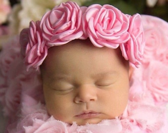 Satin Rose Halo for newborn photo shoots, these flowers measure 2 inches each, by Lil Miss Sweet Pea