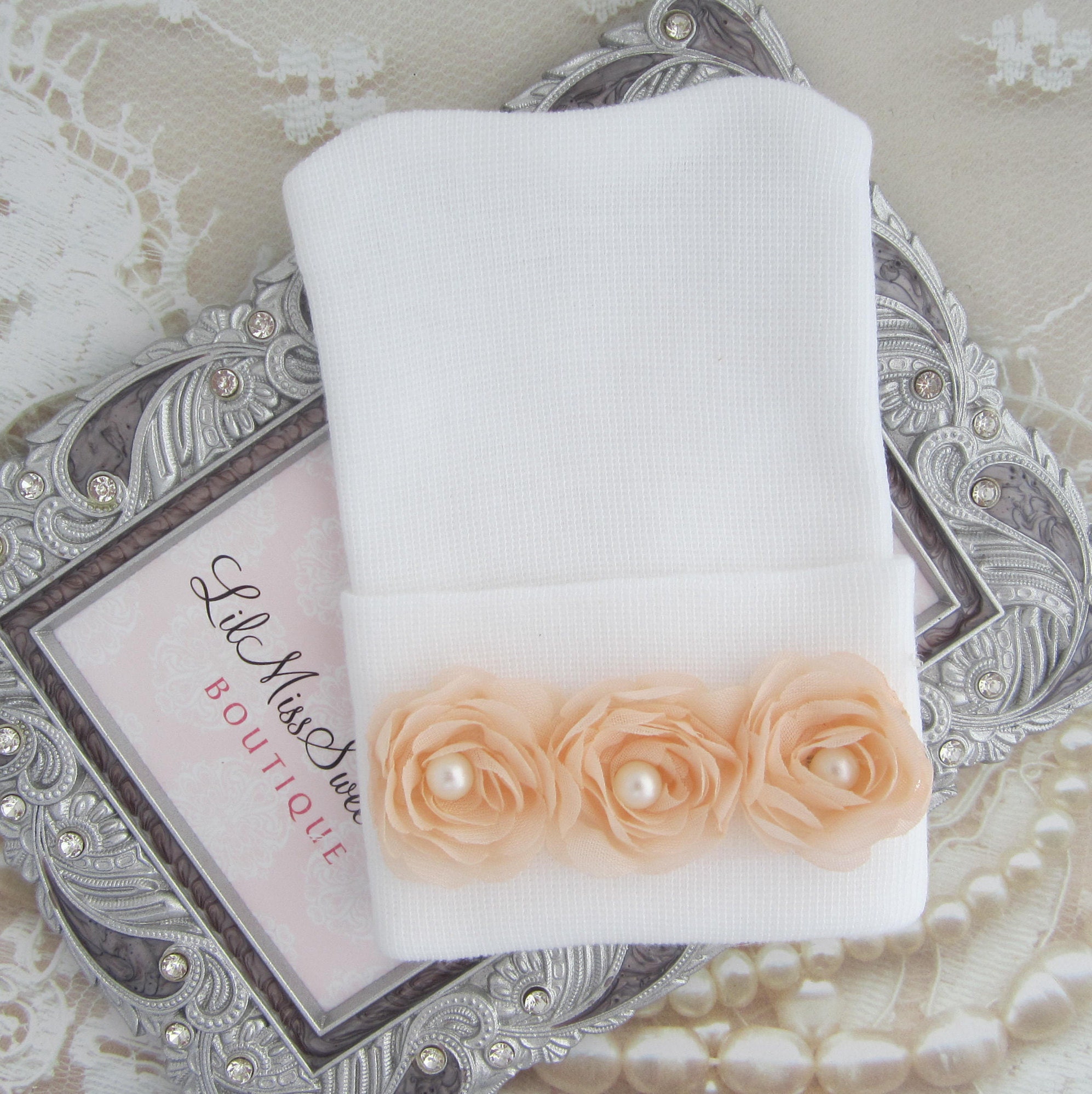 Newborn Hospital Hat, white with blush flowers, baby hat, lil miss sw…