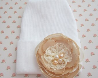 Newborn Hospital Hat, white with a 2.5 inch cream satin flower with lace and freshwater pearls, baby beanie, shower gift, Lil Miss Sweet Pea