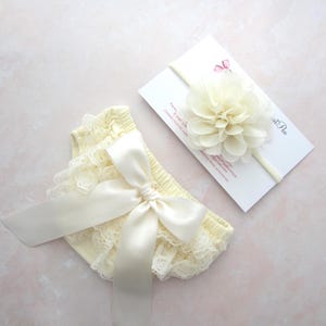 Newborn Ivory Lace Diaper Cover AND/OR Chiffon  4&quot; Flower Headband, Diaper Cover with or without a bow, bebe foto, Lil Miss Sweet Pea