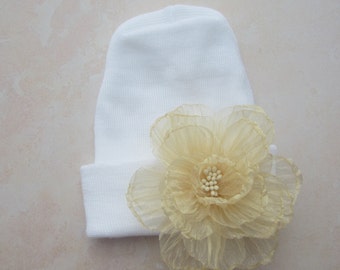 Newborn Hospital Hat, white with 3 inch sheer yellow chiffon flower, baby hat, infant, shower gift, Lil Miss Sweet Pea