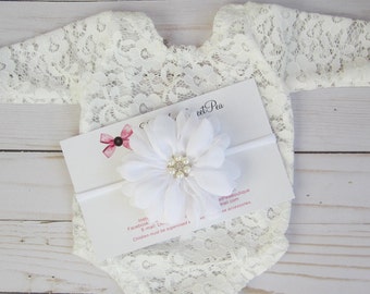 White Lace Romper, unlined w,sleeves, AND/OR 3.75" chiffon petal flower headband, newborn bebe foto/ Lil Miss Sweet Pea