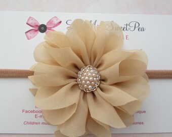 Tan Petal Flower Headband or clip, 3.5 inches, with a Vintage Pearl Center