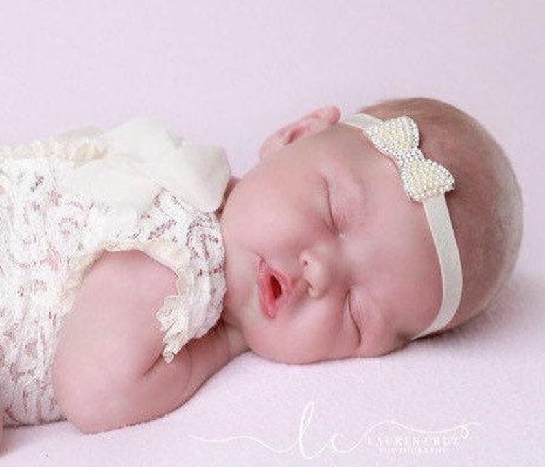 Pearl & Rhinestone Bow Headband for newborns, foto bebe, perfect for photoshoots, baby bling, newborn headband, Lil Miss Sweet Pea image 2