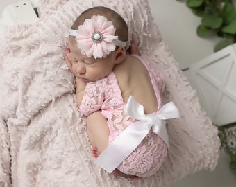 Newborn Lace Romper in Pink or White AND/OR Pink Petal Flower Headband, low back, couture romper, photoshoot, bebe foto/ Lil Miss Sweet Pea