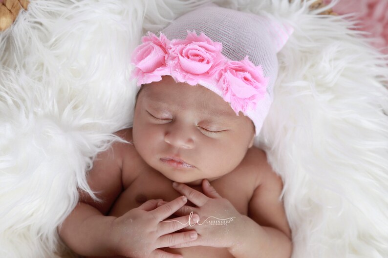 Newborn Hospital Hat, Pink & White Stripe with Shabby Roses, baby hat, take home hat, hospital, hat by Lil Miss Sweet Pea Boutique image 1