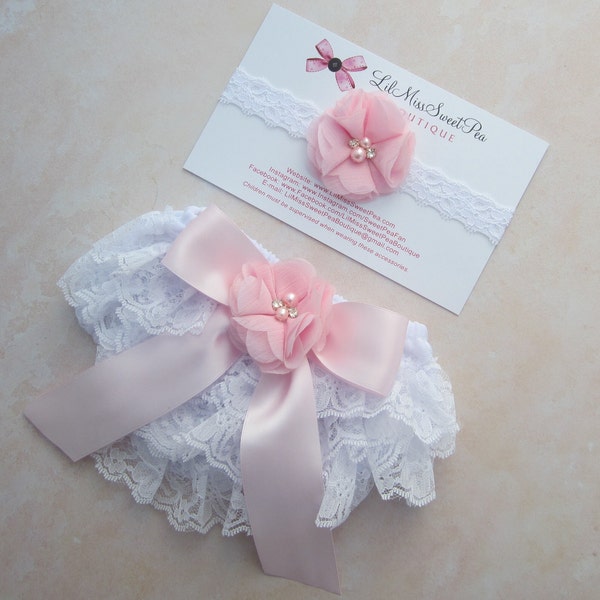 Newborn White Lace Bloomers with a Pink Satin Bow & Baby Pink Flower AND/OR Lace Headband, newborn photos, Lil Miss Sweet Pea Boutique