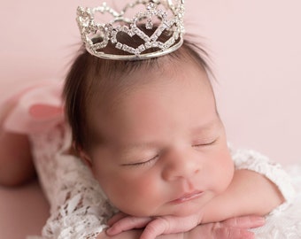 SILVER Rhinestone Baby Crown AND/OR White Lace Romper for newborn, maternity photos, cake topper, bebe foto, infant/ Lil Miss Sweet Pea