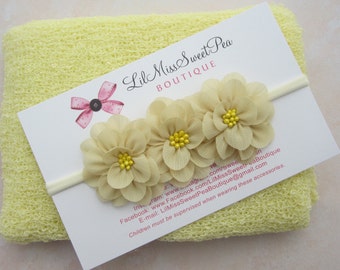 Light Yellow Stretchy Knit Wrap AND/OR Flower Headband on stretchy knit headband, photo shoots, swaddle wrap set, bebe, Lil Miss Sweet Pea