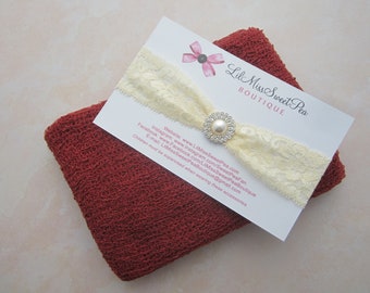 Cranberry Knit Wrap AND/OR Lace Headband, swaddle set, photo shoots, newborn wrap, bebe foto, hairband, Lil Miss Sweet Pea