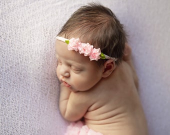 White stretch knit headband with 3 pink satin roses, bebe, newborn photos, stretch headband, by Lil Miss Sweet Pea