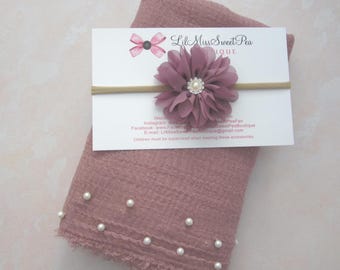 Mauve Muslin Newborn Pearl Swaddle Wrap AND/OR 3 inch Chiffon Flower Headband