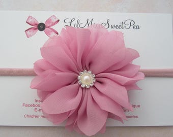 Dusty Rose Petal Flower Headband or clip, 3.5 inches, with a Pearl and Rhinestone Center