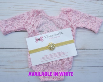 Newborn Lace Romper in White or Pink AND/OR Gold Glitter Headband, low back, couture romper, photoshoot, bebe foto/ Lil Miss Sweet Pea
