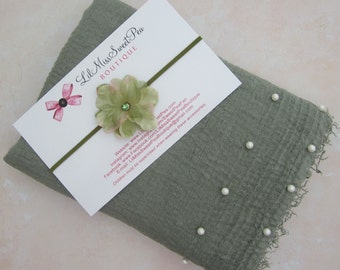 Sage pearl swaddle AND/OR matching flower headband, pearl wrap, newborn photo shoots, handmade, bandeau/ swaddle set Lil Miss Sweet Pea