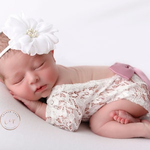 Newborn Lace Romper with optional back bow, 10 colors for ribbon bow, or no bow, **AND/OR** Flower Headband, photo/ bebe, Lil Miss Sweet Pea