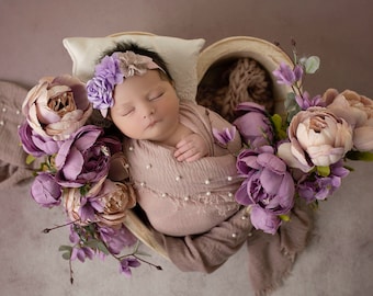 Dusty Rose Muslin Pink Pearl Swaddle Wrap AND/OR rhinestone and flower headband, newborn  set, bebe foto, Lil Miss Sweet Pea