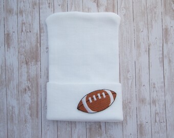 WHITE BOYS Football Newborn Hospital Hat, infant beenie, hospital take home hat, boys sports hat, baby beenie, by Lil Miss Sweet Pea