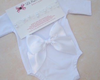 Newborn Romper, White Stretch Jersey Knit, AND/OR white pearl tieback headband, bebe, photography outfit/ Lil Miss Sweet Pea