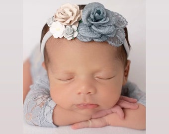 Periwinkle Blue Lace Romper, lace, w,sleeves, unlined, AND/OR matching floral headband/ newborn set, bebe foto, Lil Miss Sweet Pea