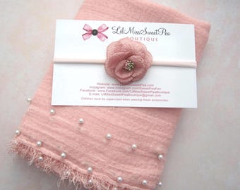 Peachy Blush Muslin Newborn Pearl Swaddle Wrap AND/OR 2 inch Flower Headband