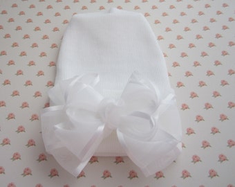 Newborn Hospital Hat, white hat with a 3.5 inch white sheer organza ribbon bow, baby hat beanie, shower gift, Lil Miss Sweet Pea
