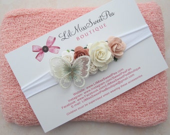 Light Pink Knit Swaddle Wrap AND/OR Butterfly Headband, newborn headband, bandeau bebe, photo shoots, swaddle set/ Lil Miss Sweet Pea