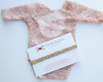 Newborn Lace Romper/ Dusty Rose AND/OR matching gold newborn headband/ photo shoot for baby/ Lil Miss Sweet Pea