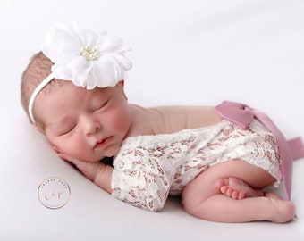 Newborn Lace Romper with choice of 10 colors for ribbon bow, or no bow, **AND/OR** Flower Headband, photo, bebe/ Lil Miss Sweet Pea