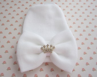 Princess Crown Newborn Hospital Hat, white, large bow and a gold rhinestone crown, baby hat girl, lil miss sweet pea, infant beanie, gift