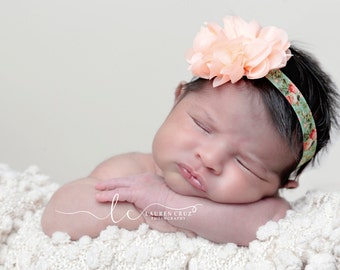 Peach Blossom on Vintage Print Floral Elastic makes up this pretty flower headband for  babies, teens or adults by Lil Miss Sweet Pea