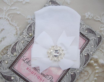 Newborn Hospital Hat, all white, with a grosgrain bow adorned with a pretty antique rhinestone button, baby hat, Lil Miss Sweet Pea Boutique