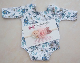 Newborn Romper in Pink and blue floral knit, long sleeve newborn romper AND/OR floral headband, girl photoshoot, Lil Miss Sweet Pea