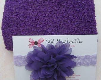 Bright Purple Knit Wrap AND/OR Matching Stretch Lavender Lace and Flower Headband, photo shoots, newborn wrap, bebe foto, Lil Miss Sweet Pea