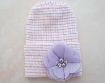 Newborn Hospital Hat: Lavender, Pink, and White Stripe with Flower, Latex-Free