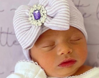 PREEMIE Newborn Hospital Hat, lavender and white stripes with a purple rhinestone center on the bow, baby hat, Lil Miss Sweet Pea Boutique