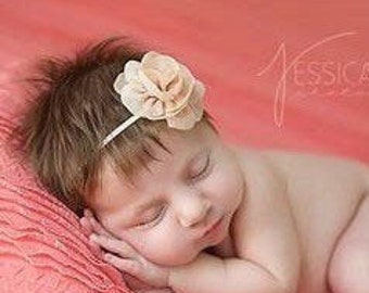 Chiffon rose flower, choose color, with a green leaf on ivory skinny elastic, perfect for all ages, by Lil Miss Sweet Pea