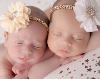 Gold and white or ivory flower on a gold rhinestone headband,  rhinestone headband, foto, bebe, by Lil Miss Sweet Pea
