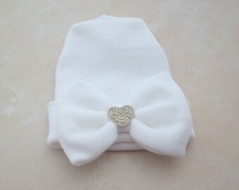 Newborn Hospital Hat, WHITE with a rhinestone heart on the center of the fabric bow, baby hat, white baby hat, Lil Miss Sweet Pea Boutique