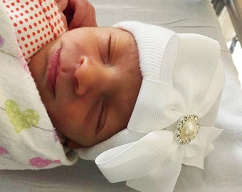 PREEMIE Newborn Hospital Hat, white with a 3 inch ribbon bow, take-home hat, infant beanie, baby hat, Lil Miss Sweet Pea Boutique