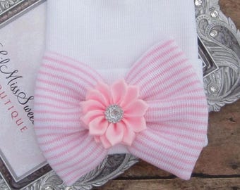 PREEMIE Hospital Hat: White with Pink Stripe Bow and Satin Flower