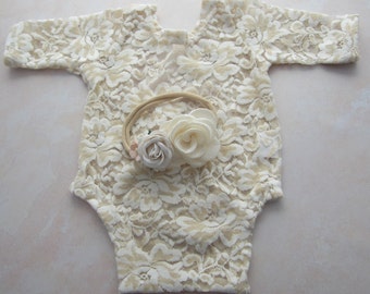 Ivory Lace Romper for Newborn Photos AND/OR flower headband, children's photo prop, baby girl boho,  by Lil Miss Sweet Pea