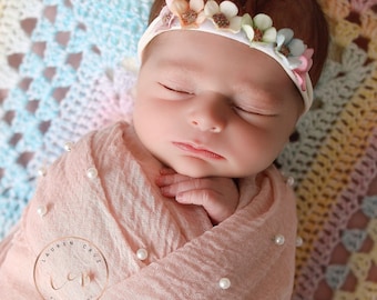 Dusty Rose Muslin Pearl Swaddle Wrap AND/OR rainbow flower headband, newborn  set, bebe foto, baby wrap, Lil Miss Sweet Pea